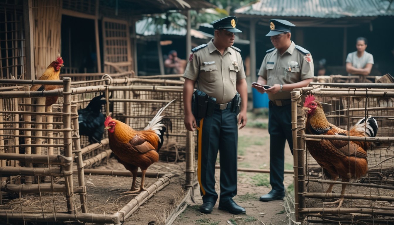 Petugas berbicara dengan pengelola di lokasi sabung ayam, sementara ayam jantan berada di kandang terpisah.