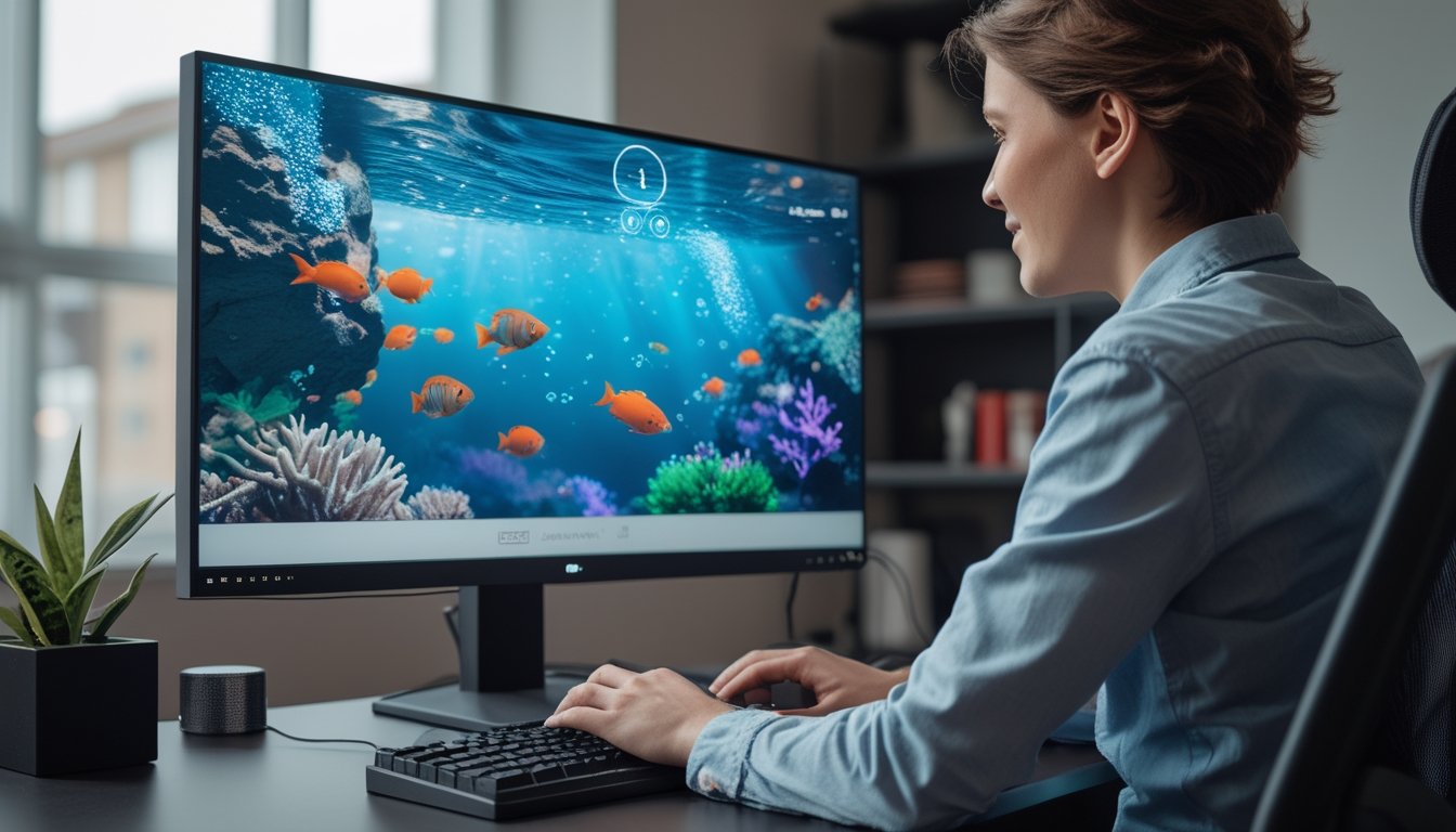 Seseorang memainkan permainan tembak ikan di komputer dengan tampilan ikan berwarna-warni di bawah laut.