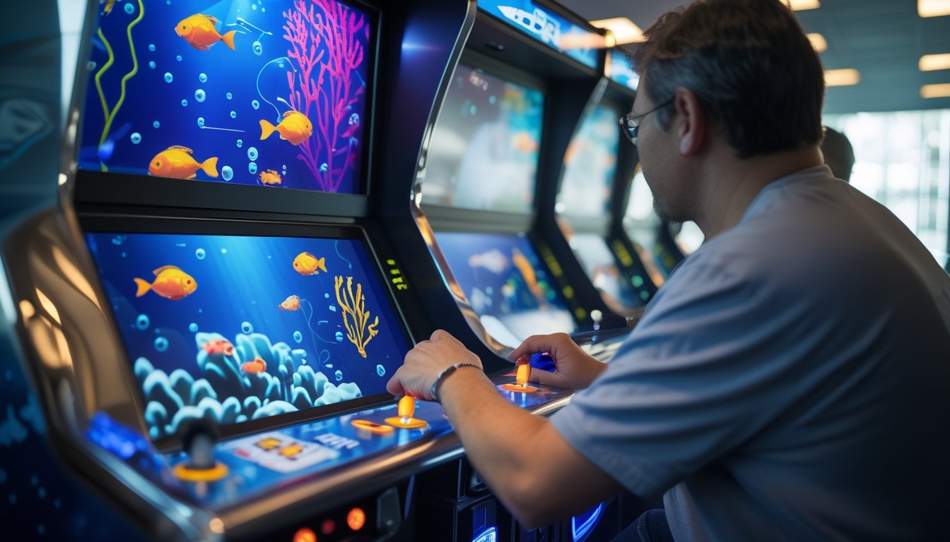 Seorang pemain mengoperasikan permainan arcade bertema menangkap ikan dengan layar bawah laut.