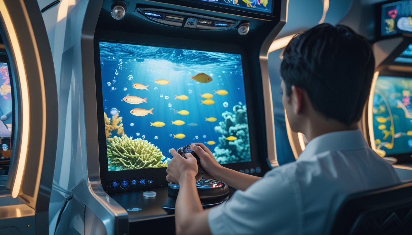 Seseorang memainkan permainan arkade bertema ikan dengan layar bawah laut berwarna-warni.