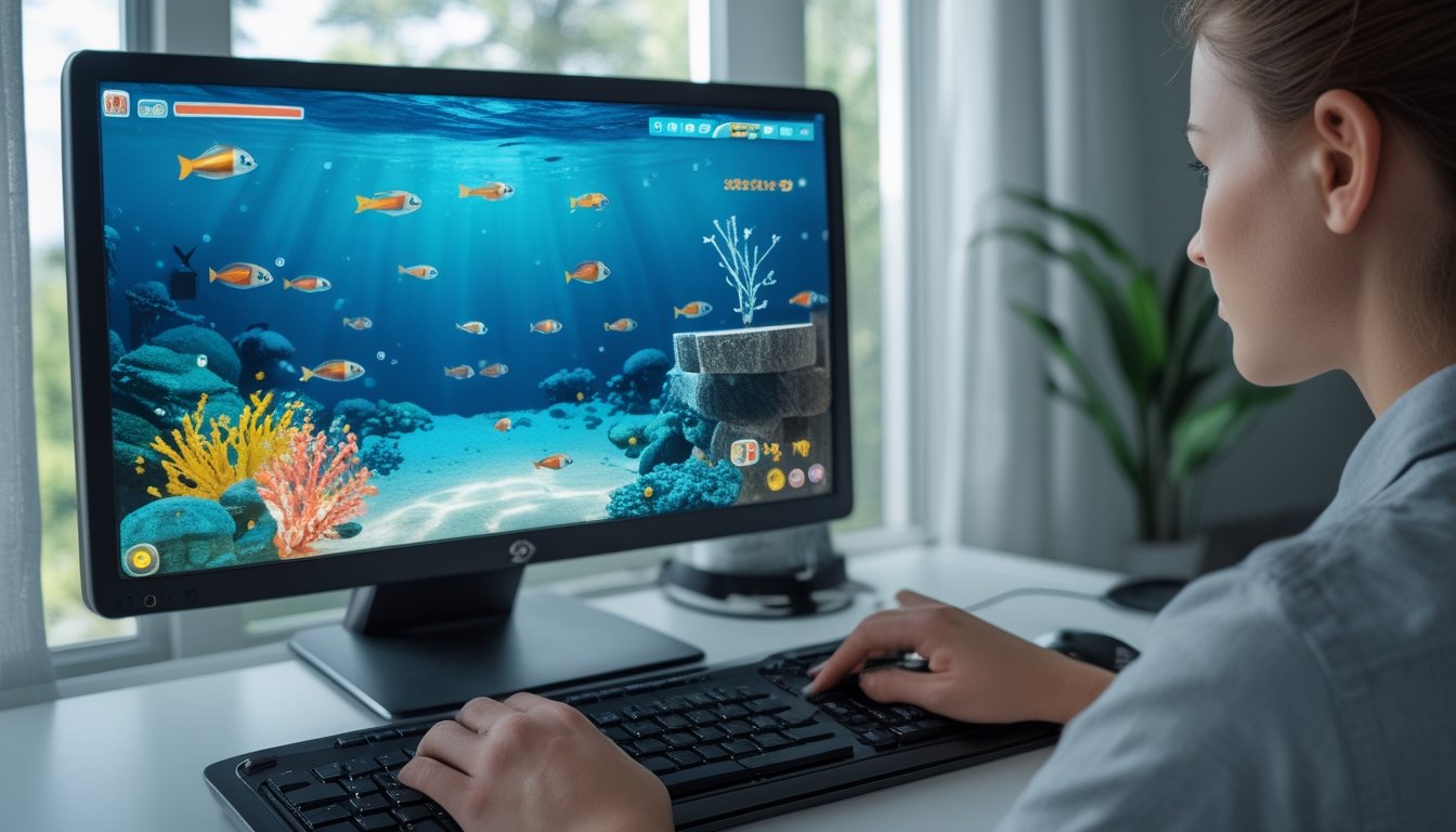 Seseorang memainkan permainan tembak ikan di komputer dengan gambar ikan berwarna-warni di layar.