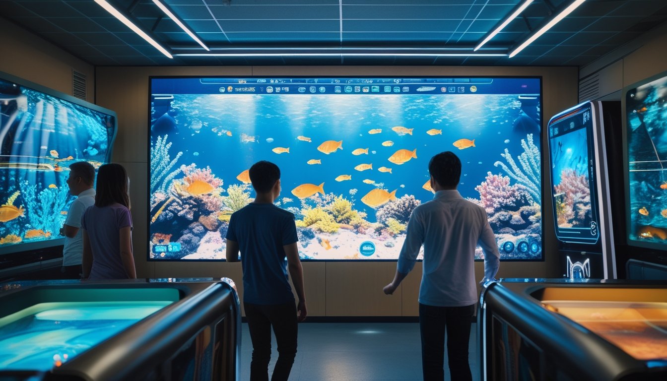 Pemain menikmati permainan arcade bertema ikan di ruang permainan modern.