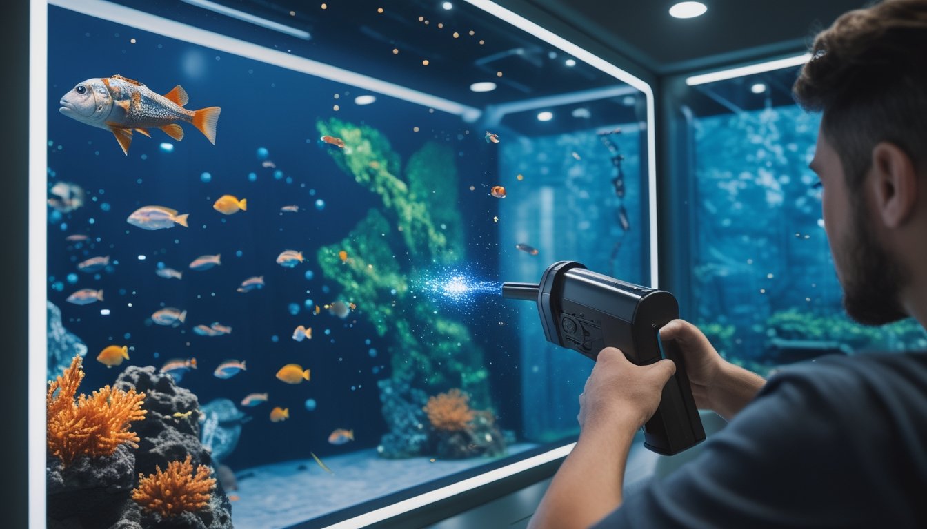 Seorang pemain mengarahkan meriam arcade ke ikan digital di layar permainan bawah laut.