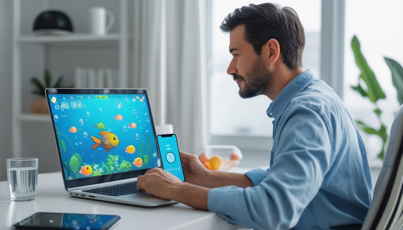 Seseorang memeriksa waktu saat bermain gim tembak ikan di laptop.