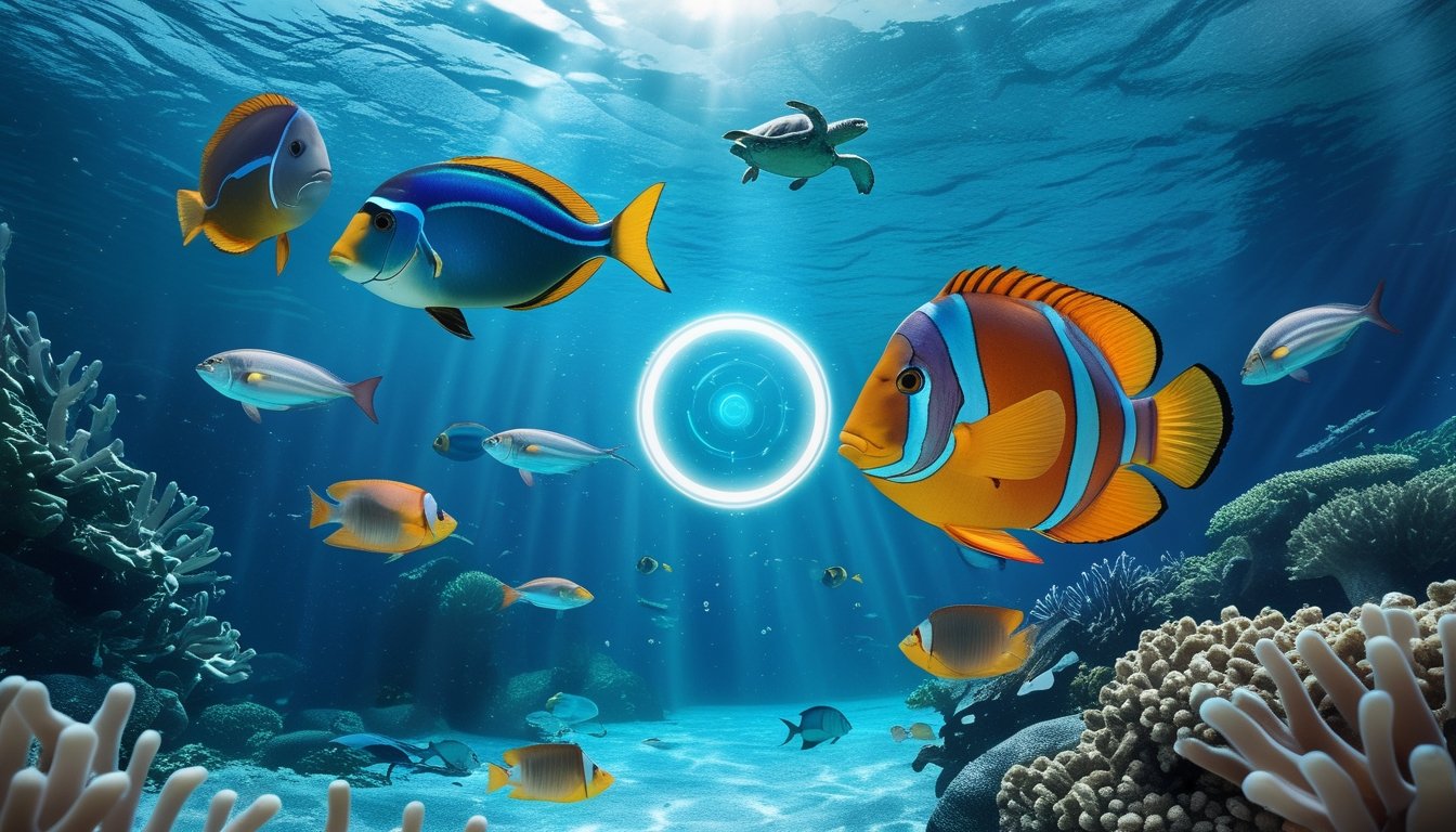 Beragam ikan tropis berenang di atas terumbu karang.