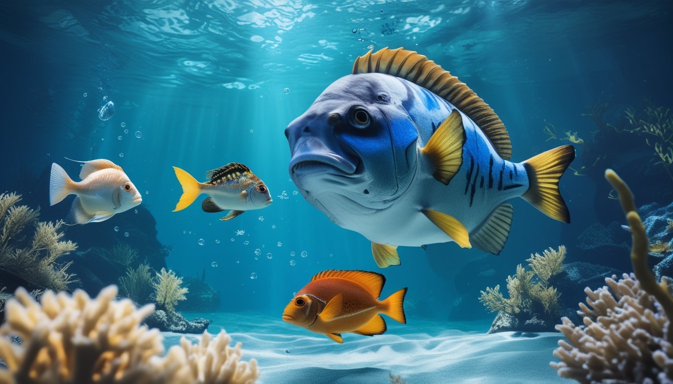 Tiga ikan dengan ukuran dan corak berbeda berenang di bawah laut.