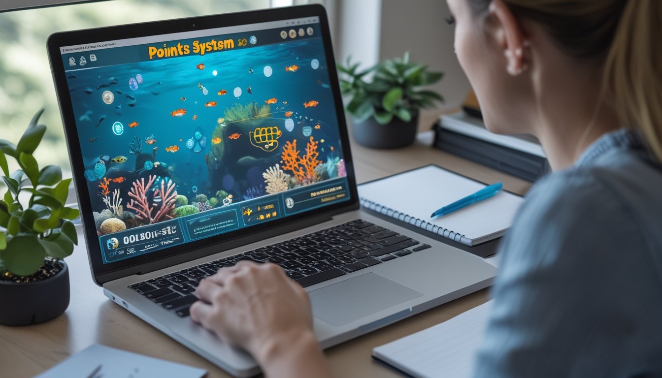 Seseorang mempelajari permainan tembak ikan di laptop dengan buku catatan di meja.
