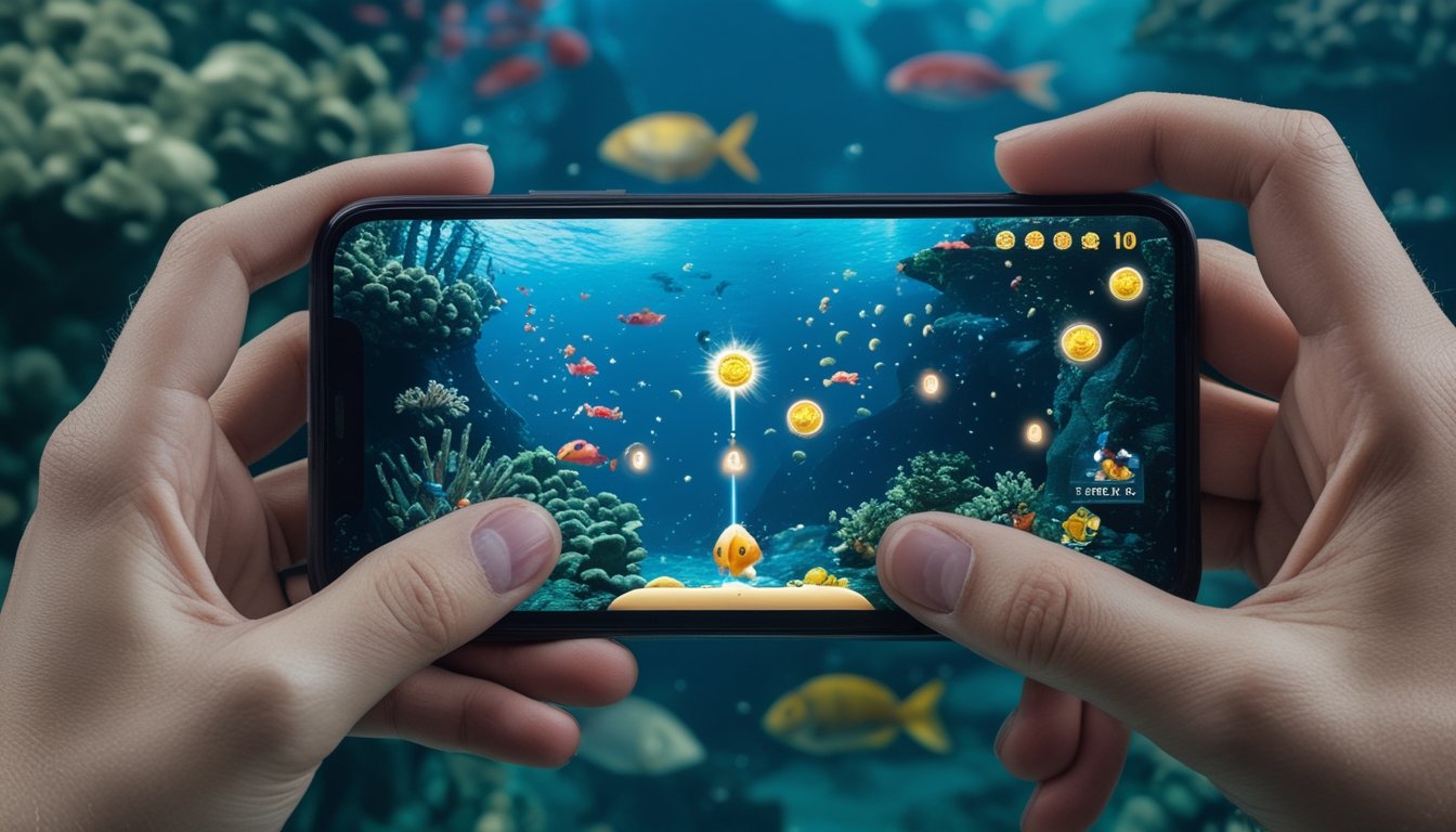Seseorang memainkan permainan tembak ikan di ponsel, dengan ikan dan token poin bercahaya di layar.
