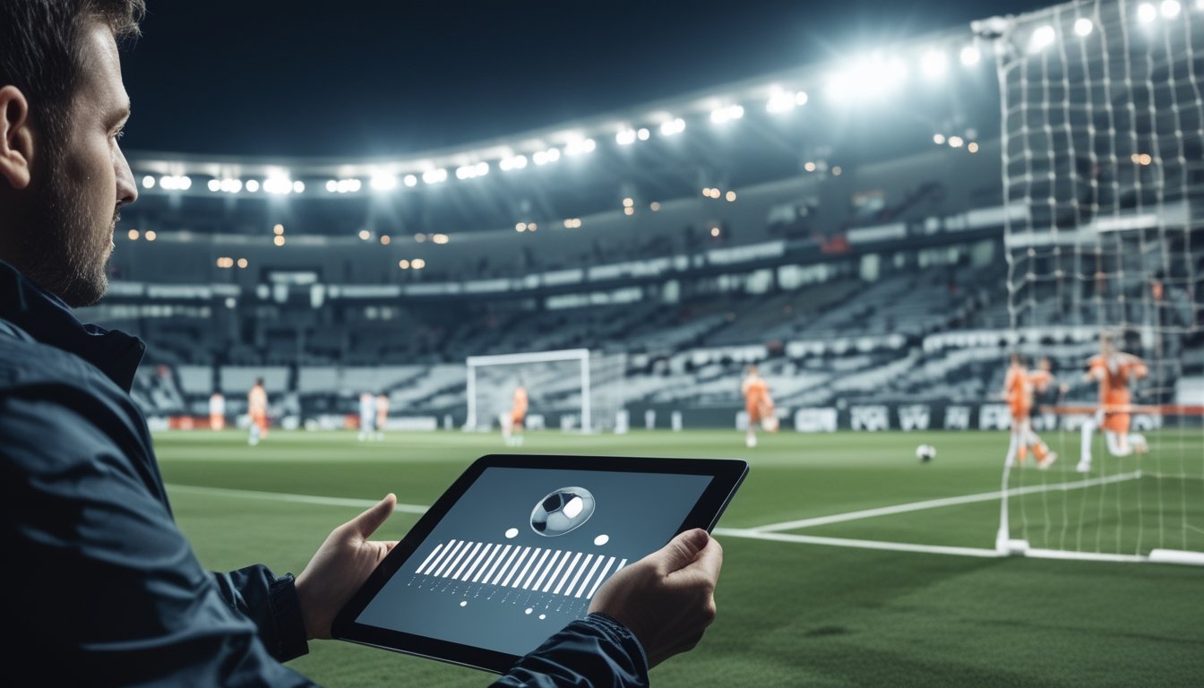 Seorang pemain mencetak gol sementara analis sepak bola mengamati statistik pertandingan di tablet.