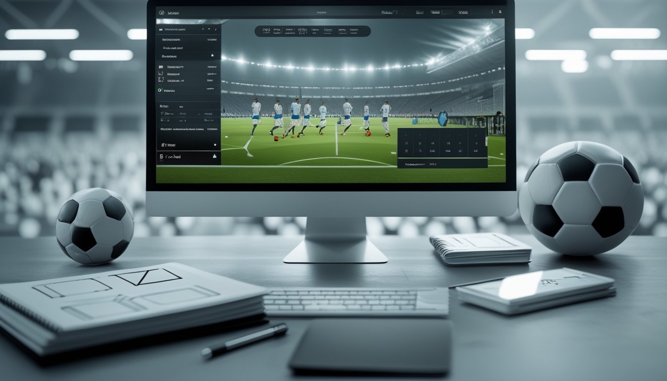 Meja analis dengan layar yang menampilkan pertandingan sepak bola dan sebuah bola di sampingnya.