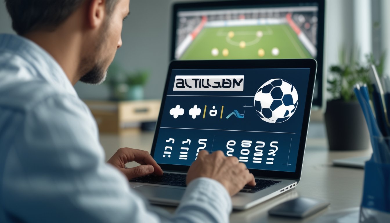 Seorang penggemar sepak bola mempelajari tampilan taruhan di laptop.