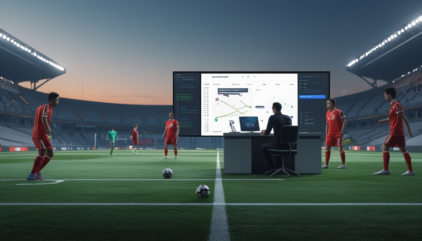 Seorang analis mengamati pertandingan sepak bola di stadion.