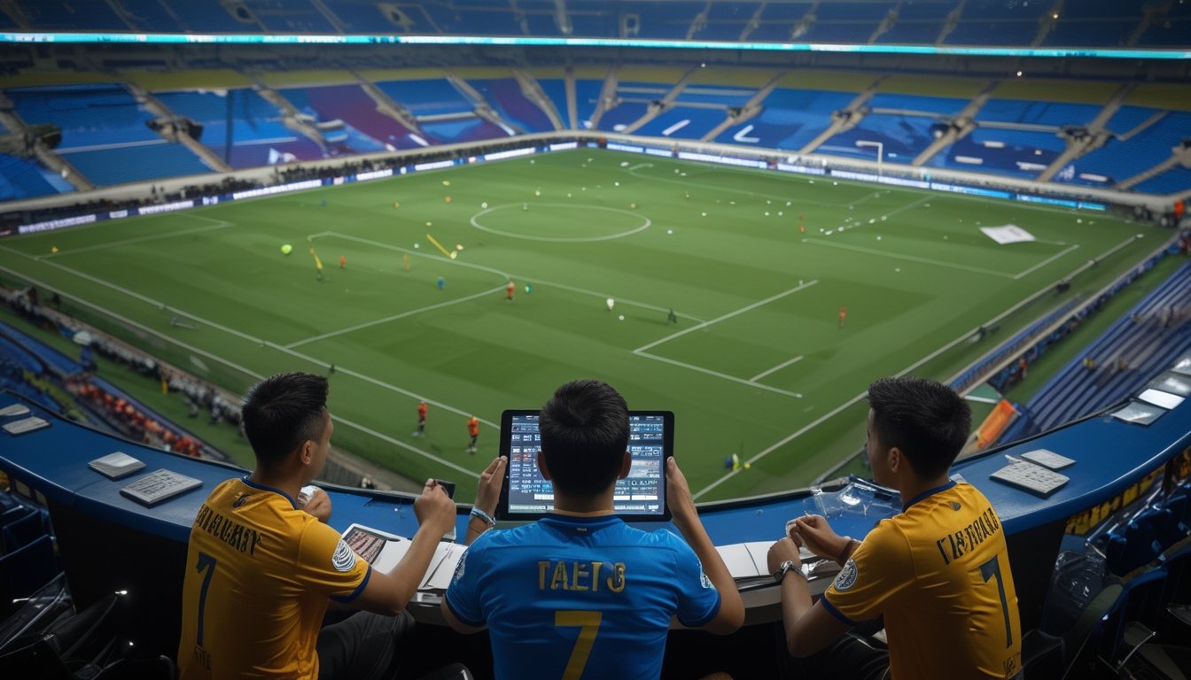 Pemain sepak bola melakukan pemanasan di lapangan sementara seorang analis mengamati strategi melalui tablet.