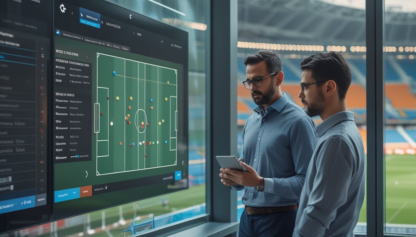 Pelatih dan analis sepak bola meninjau susunan pemain serta kesiapan tim sebelum pertandingan.