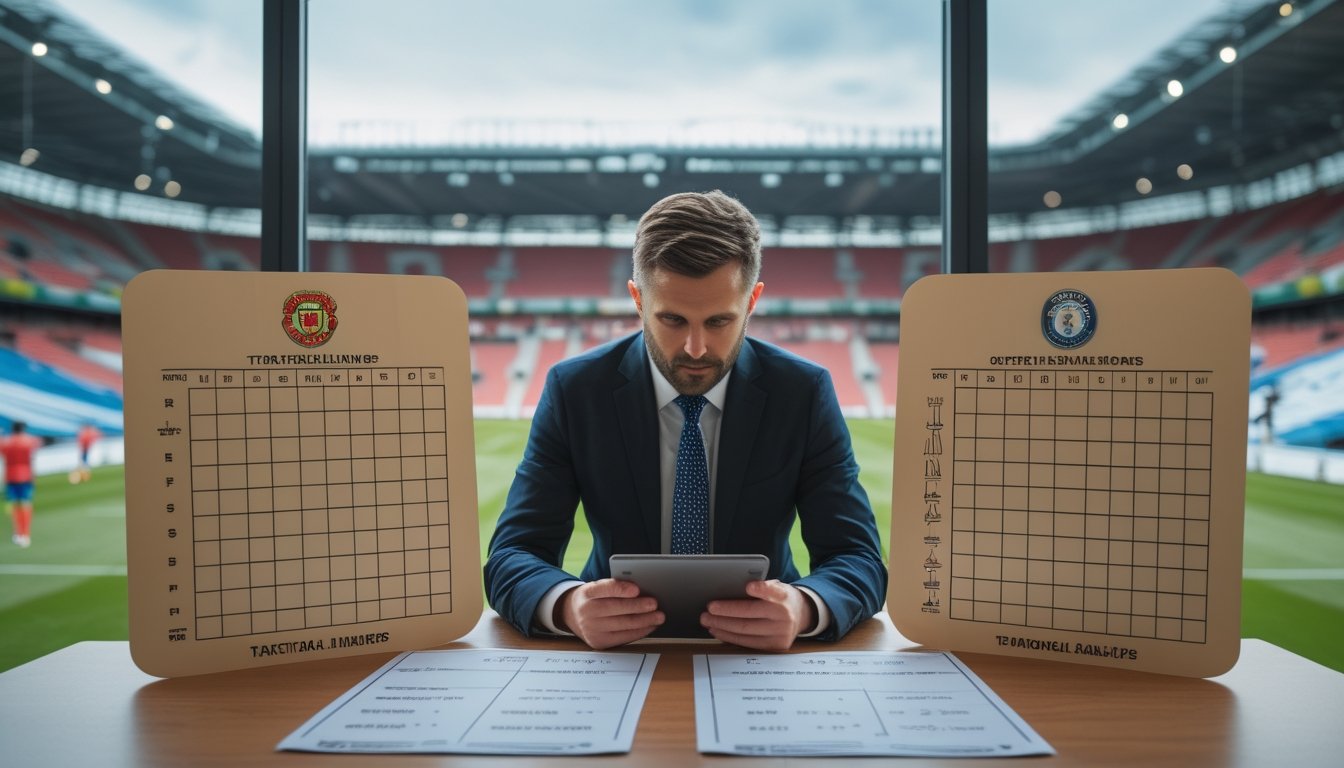 Seorang analis membandingkan dua susunan pemain sepak bola sebelum pertandingan.