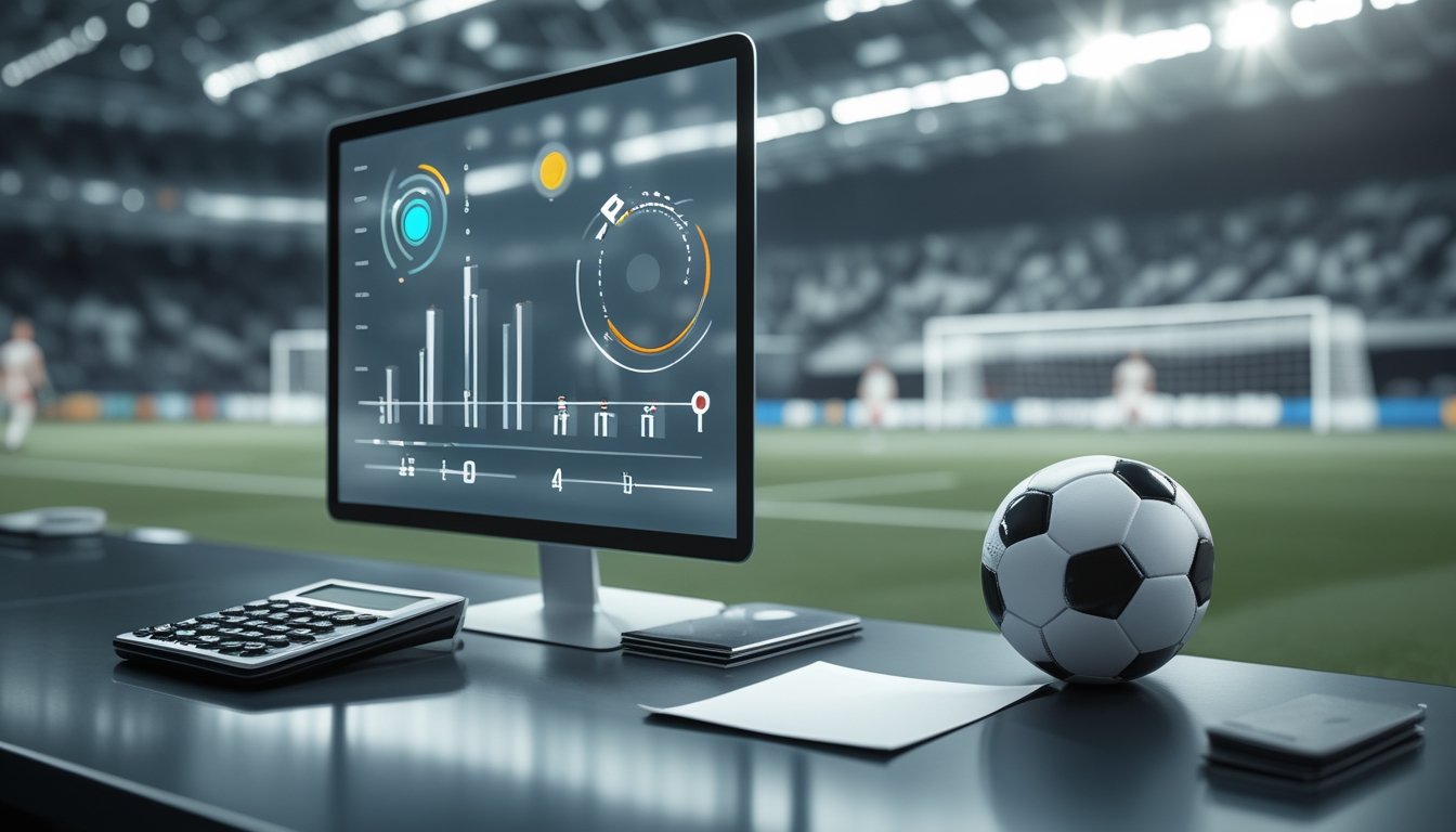 Bola sepak dan tablet dengan grafik peluang di meja, dengan pertandingan berlangsung di stadion.