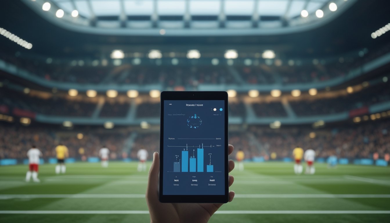 Seseorang melihat grafik analisis pertandingan sepak bola di tablet saat pertandingan berlangsung di stadion.