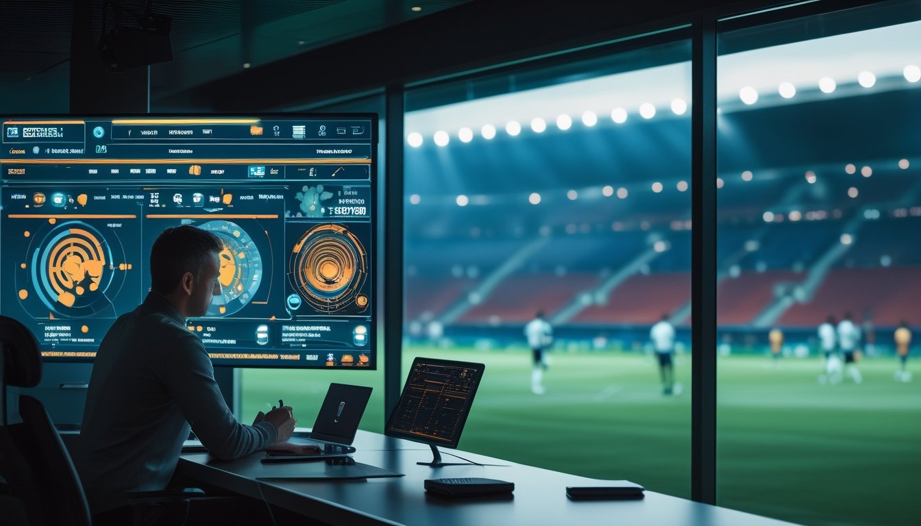Seorang analis sepak bola mengamati diagram taktik di ruang media stadion.