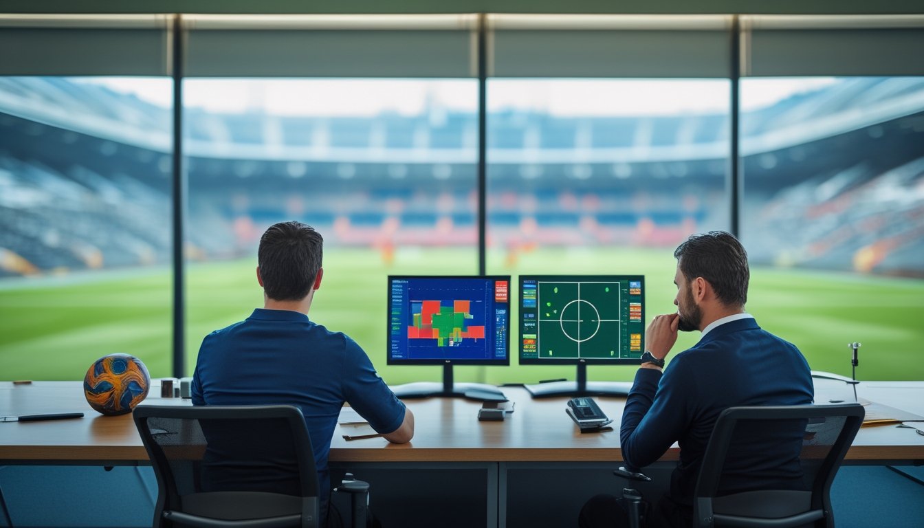 Seorang analis dan pelatih meninjau data pertandingan sepak bola di ruang analisis.