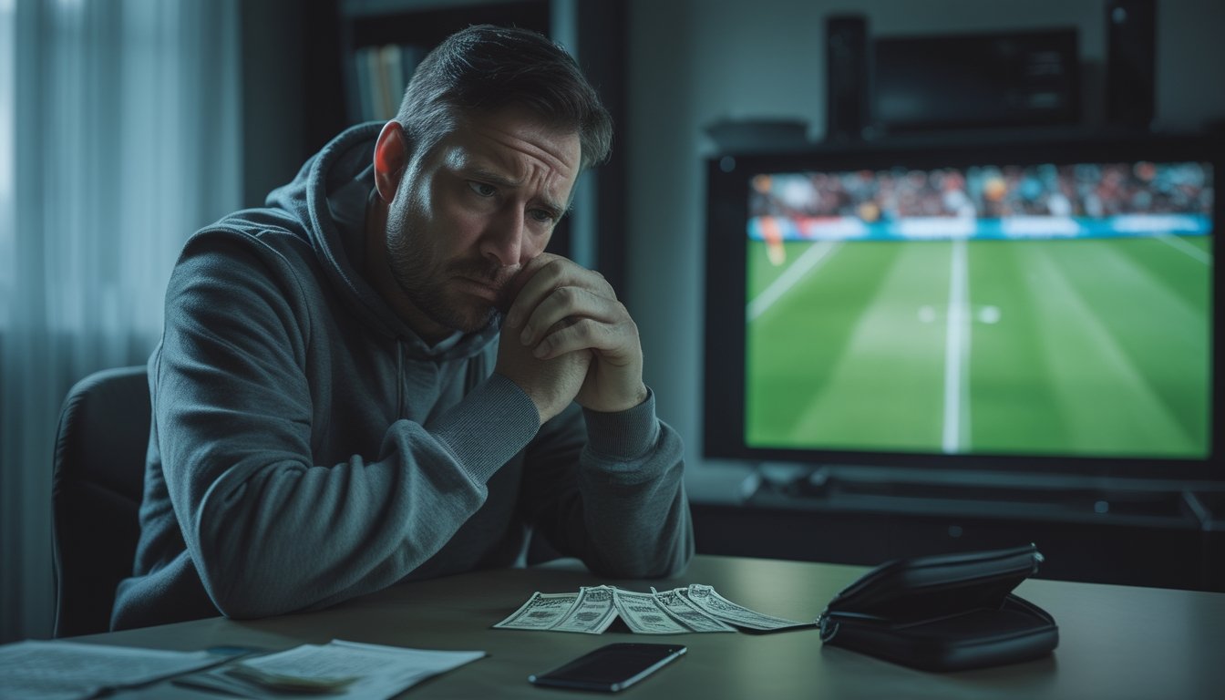 Seorang penggemar sepak bola tampak cemas di depan televisi, dengan ponsel dan dompet di atas meja.