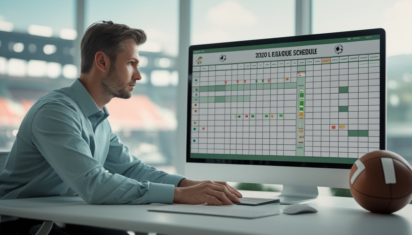 Seorang analis sepak bola mempelajari kalender pertandingan di meja kerja, dengan stadion terlihat dari jendela.