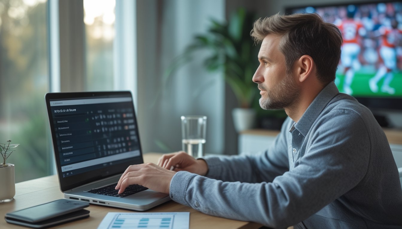 Seorang penggemar sepak bola meninjau statistik pertandingan di laptop sambil mencatat anggaran.