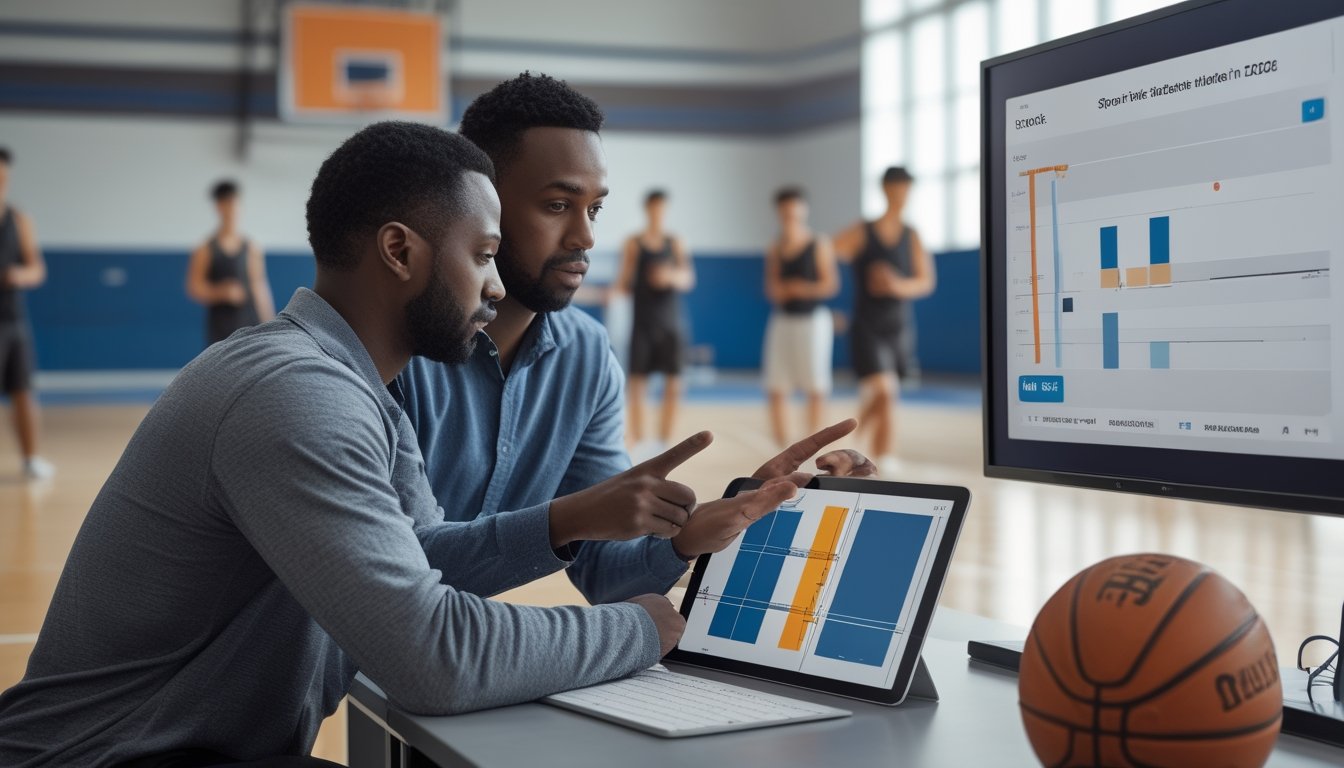 Seorang pelatih dan analis membahas grafik statistik sambil mengamati latihan pemain basket.