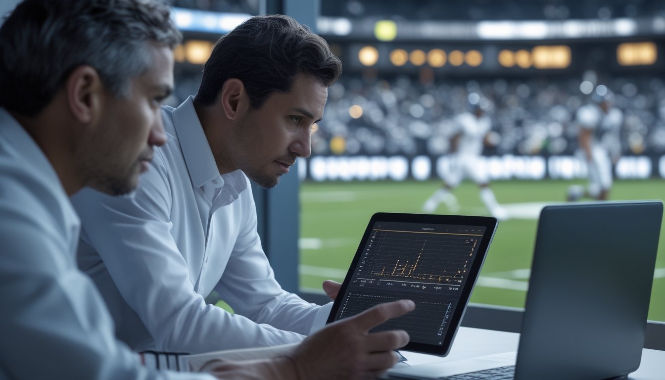 Seorang analis mengamati pertandingan sambil meninjau data pemain di tablet.