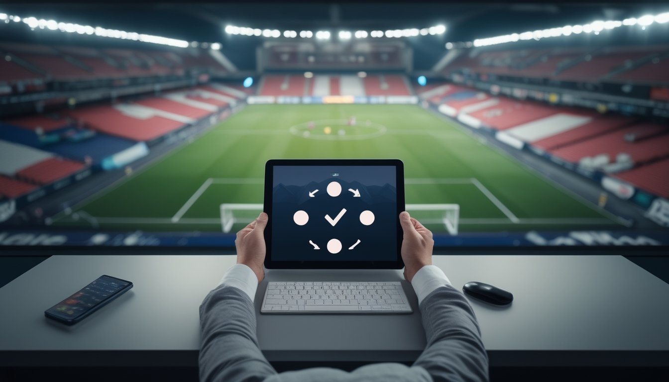 Dua tim sepak bola bertanding di stadion, sementara seseorang membandingkan pilihan hasil pertandingan pada tablet.