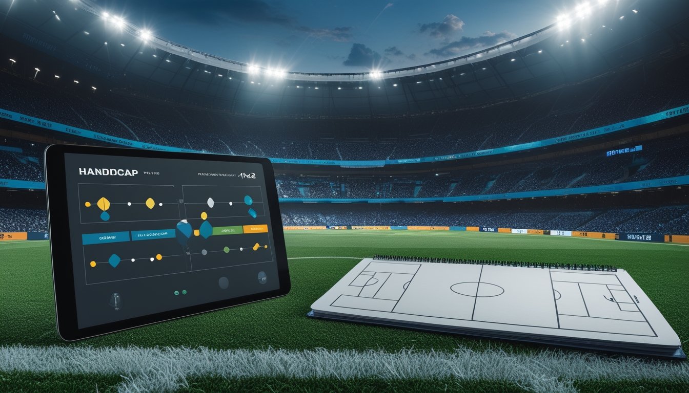 Pertandingan sepak bola di stadion dengan tablet dan diagram lapangan untuk membandingkan dua jenis taruhan.