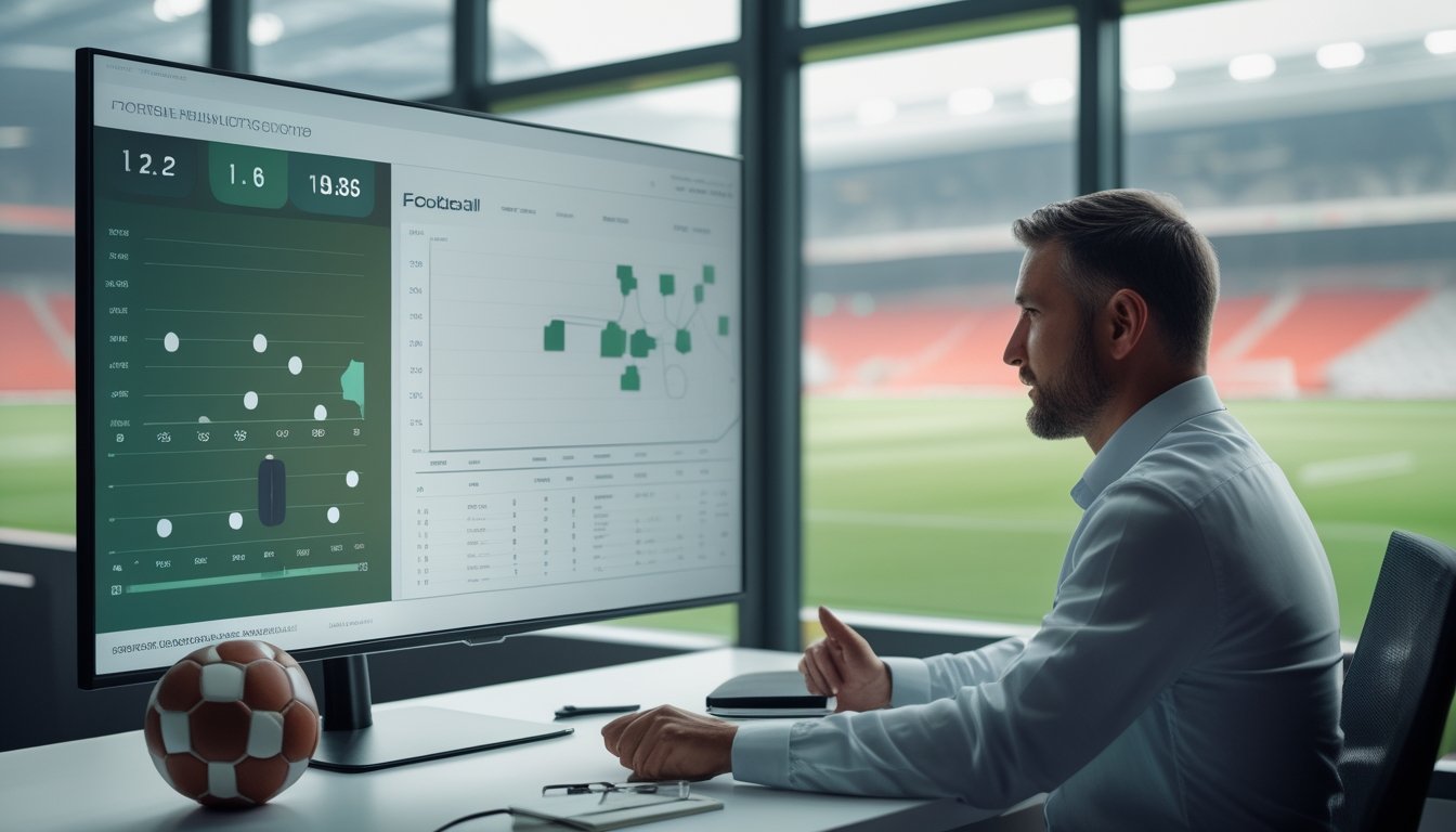 Seorang analis sepak bola mengamati grafik peluang pertandingan di layar.