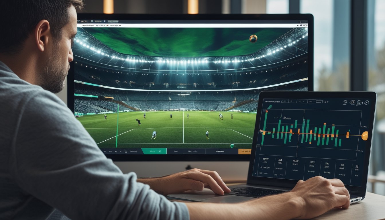 Seorang penggemar sepak bola mengamati pertandingan di layar sambil membandingkan grafik peluang di laptop.