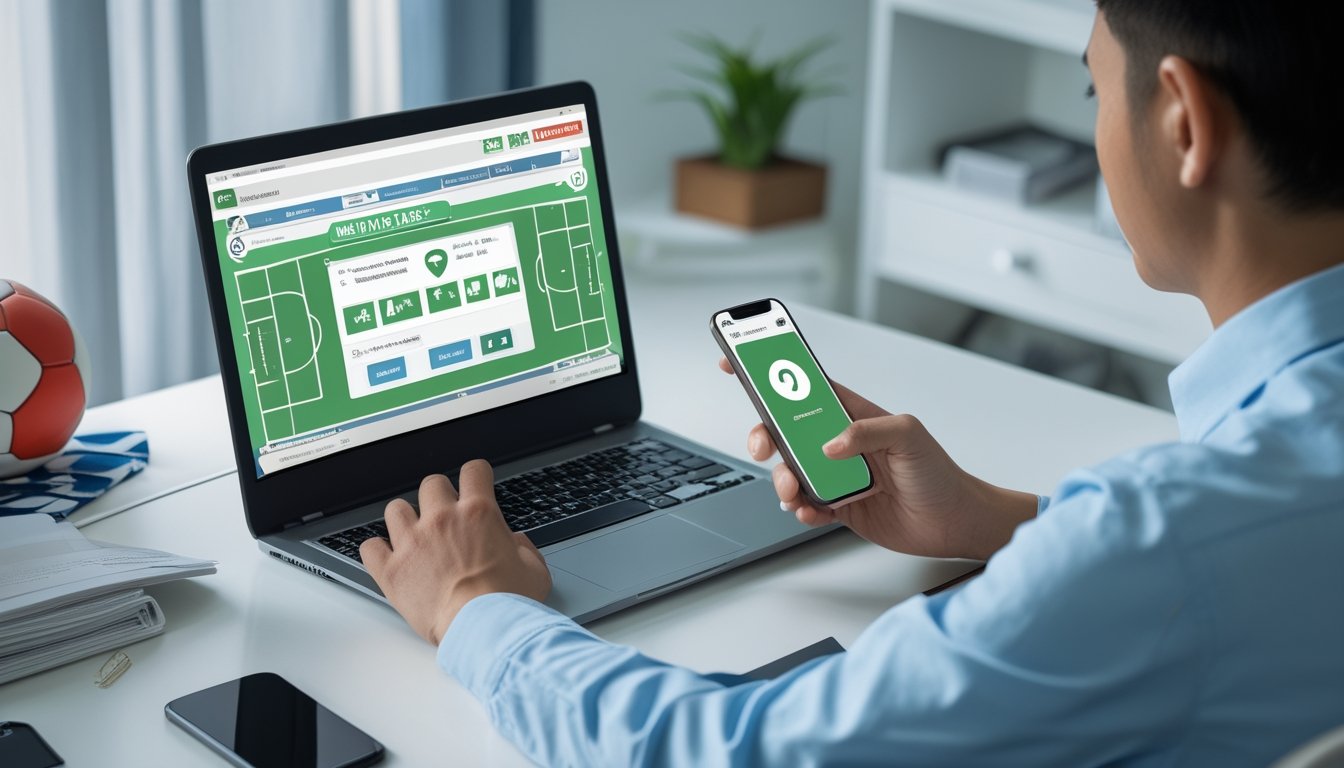 Seorang profesional memeriksa platform olahraga di laptop sambil menggunakan ponsel.
