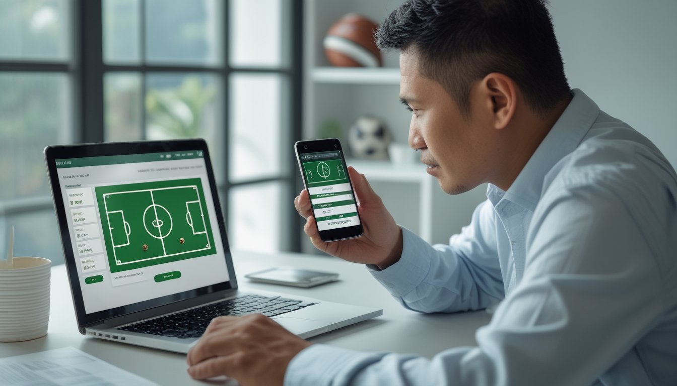 Seorang dewasa Indonesia memeriksa platform olahraga daring di laptop dan ponsel.