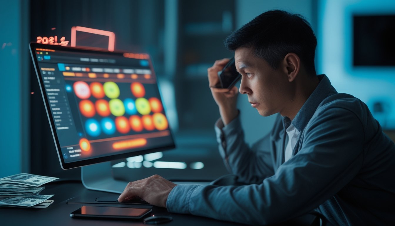 Seseorang tampak khawatir saat melihat laptop dan ponsel di meja.