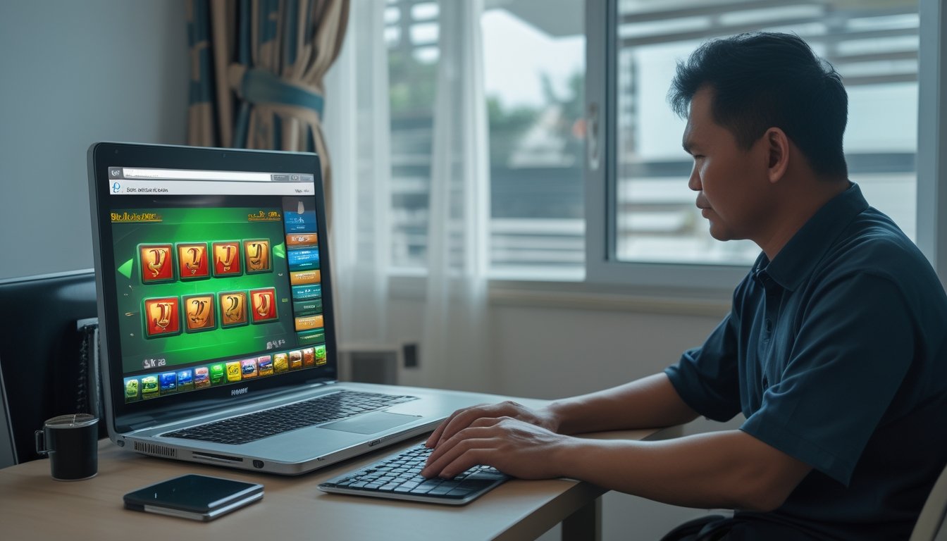 Seorang pemain dewasa memeriksa permainan slot di laptop dengan ekspresi waspada.