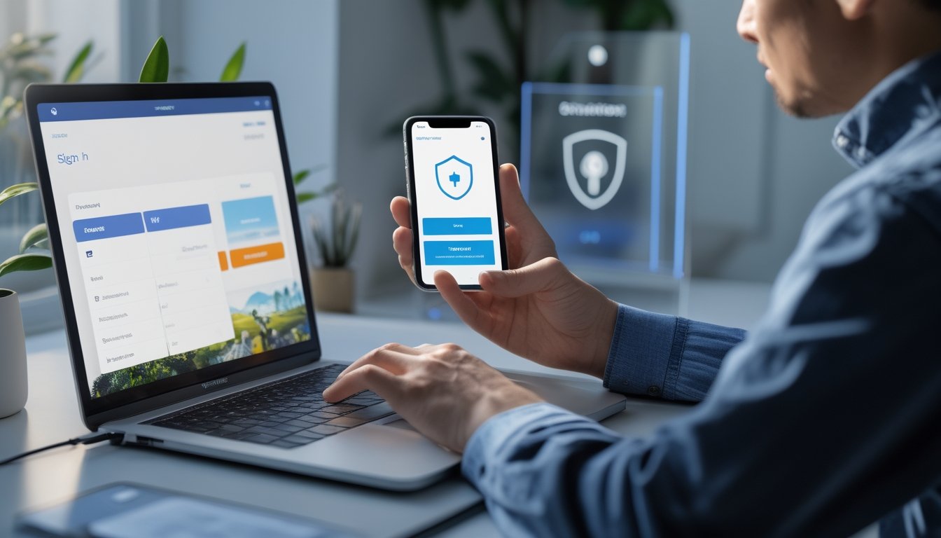 Seseorang menggunakan laptop dan ponsel untuk mengakses akun permainan online dengan aman.