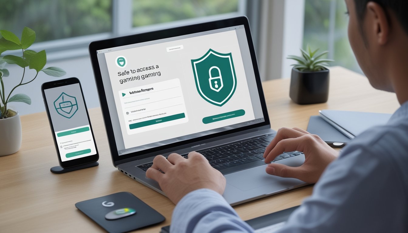 Seseorang memeriksa keamanan platform permainan online di laptop sambil menggunakan ponsel untuk autentikasi.
