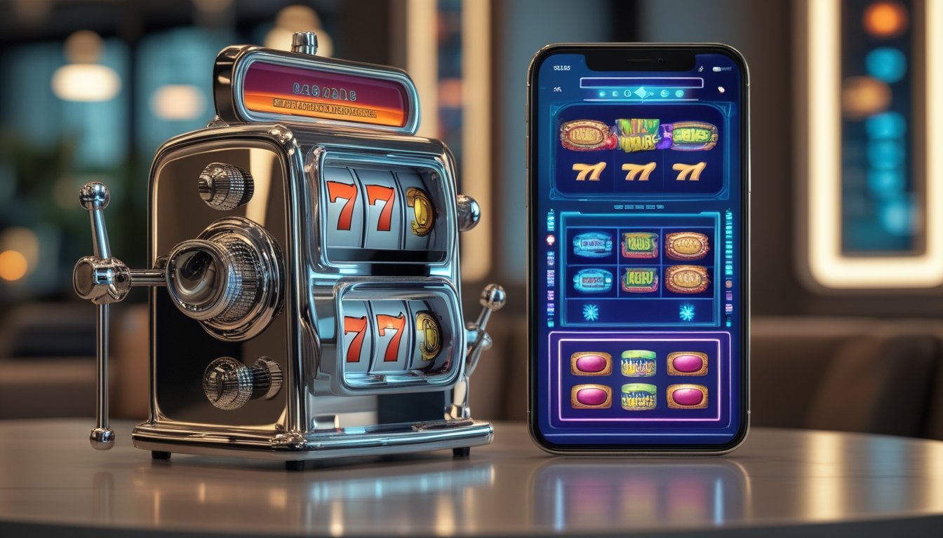 Mesin slot klasik dengan tuas dan tiga gulungan berdampingan dengan ponsel yang menampilkan permainan slot modern.
