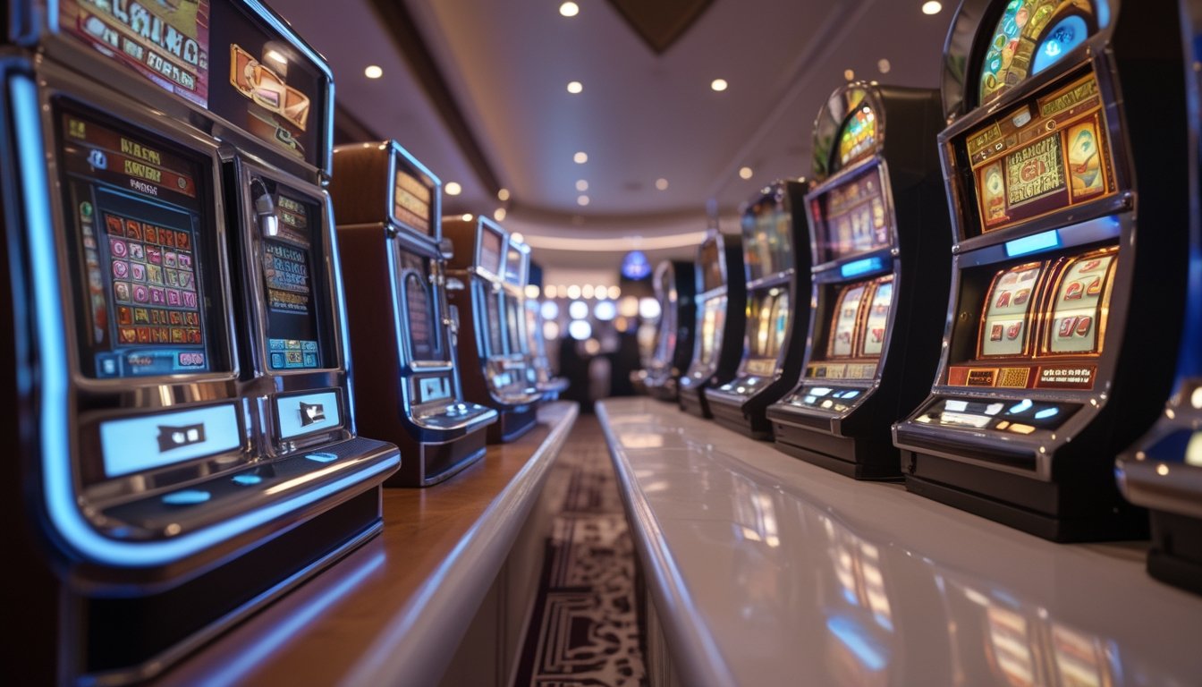Mesin slot klasik bersebelahan dengan mesin slot video modern di dalam kasino.
