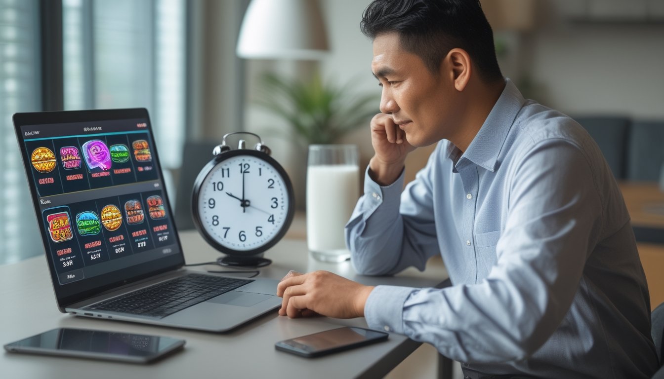 Seorang pria memeriksa jam di meja saat laptop menampilkan permainan slot.