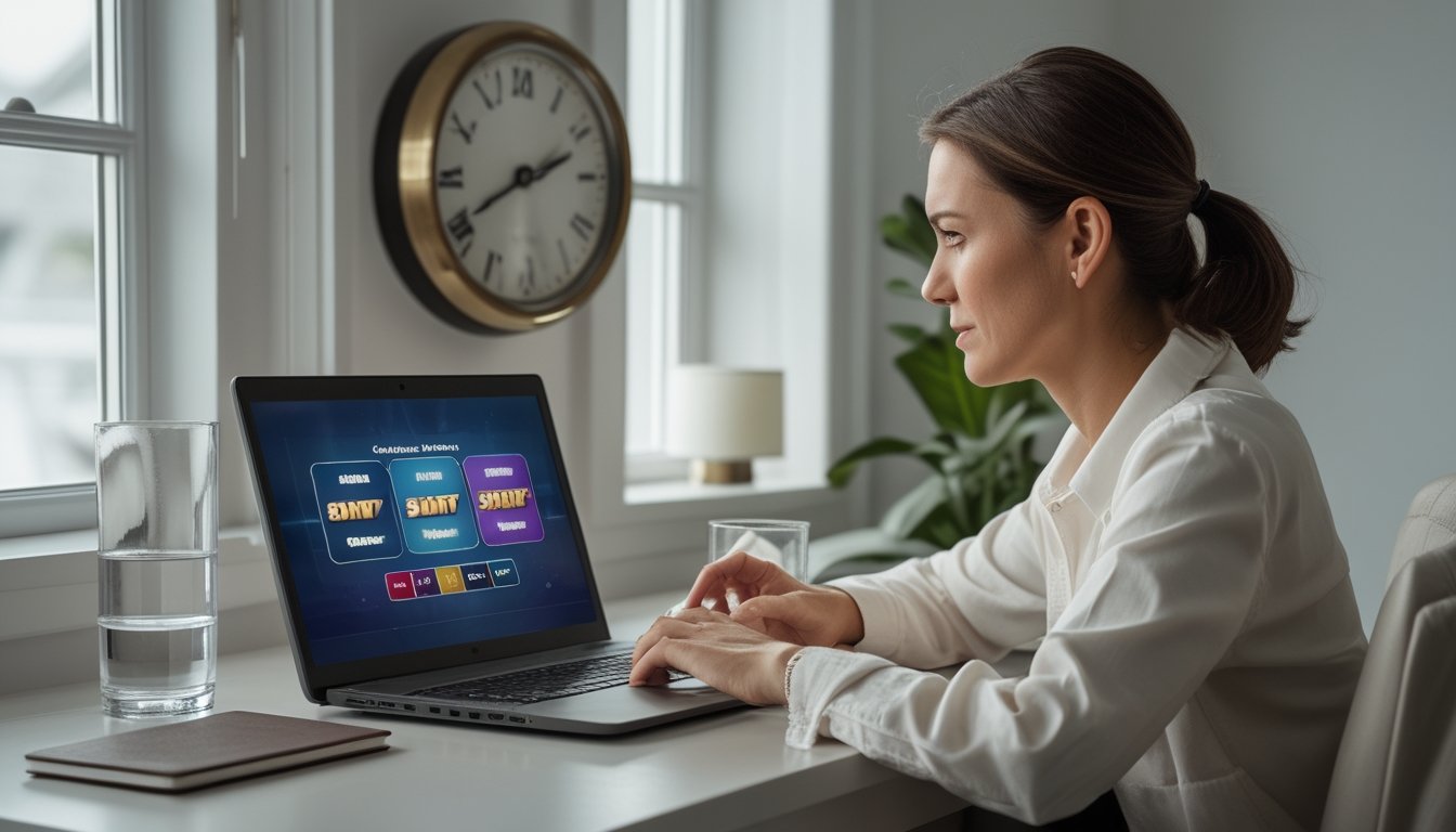 Seseorang berhenti sejenak dari permainan slot di laptop untuk melihat jam.