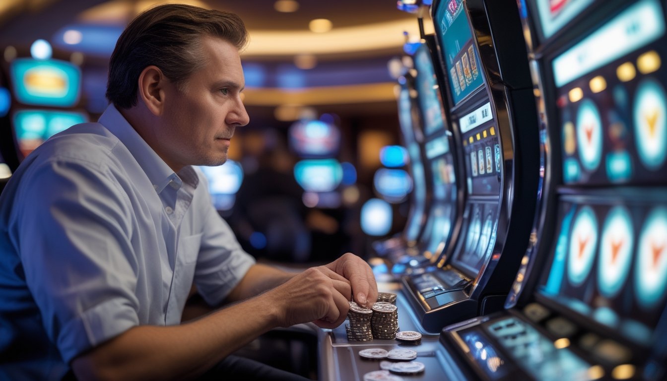 Seseorang duduk di depan mesin slot sambil memperhatikan beberapa keping chip.