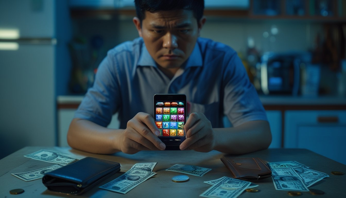 Seseorang tampak cemas saat menatap ponsel, dengan uang dan dompet terbuka di atas meja.