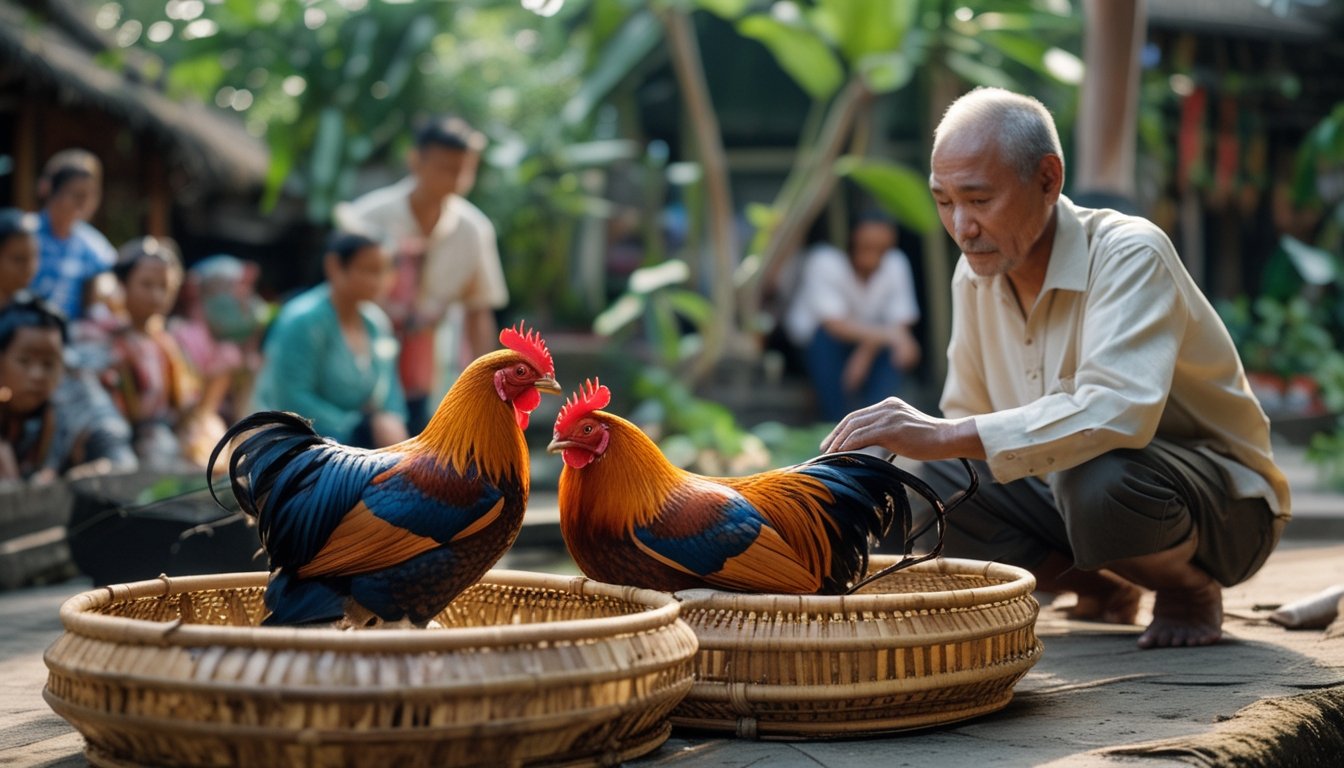 Seorang pria merawat ayam jantan di dekat beberapa warga yang berkumpul di halaman desa.