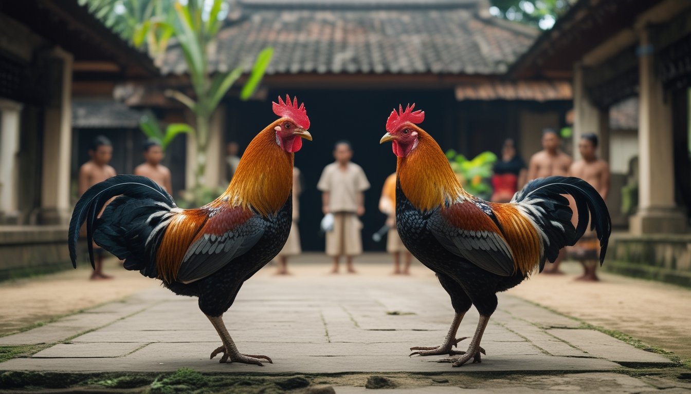 Dua ayam jantan berhadapan di halaman desa tradisional dengan warga mengamati.