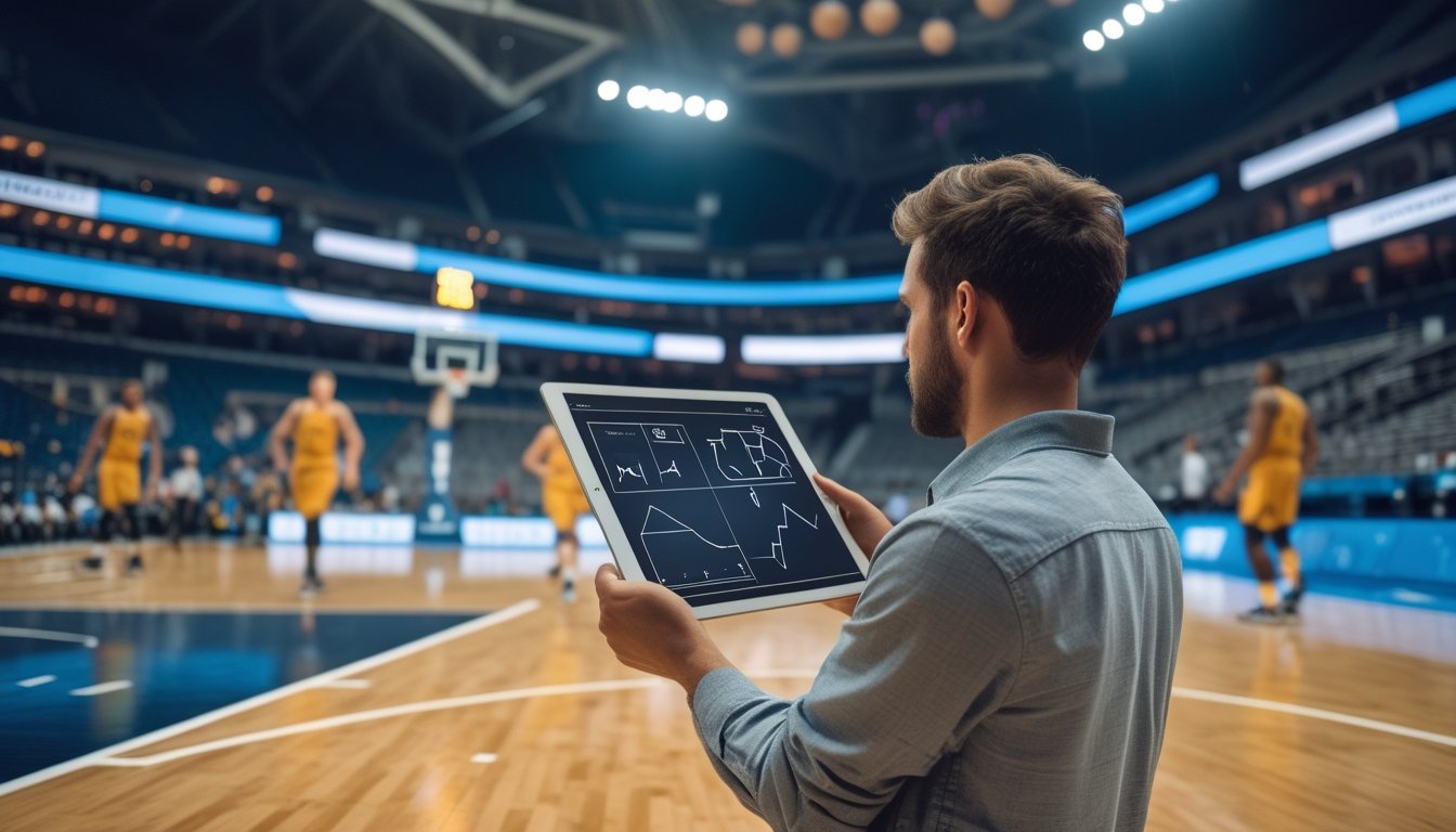Analis mengamati pertandingan basket dan memeriksa data di tablet.
