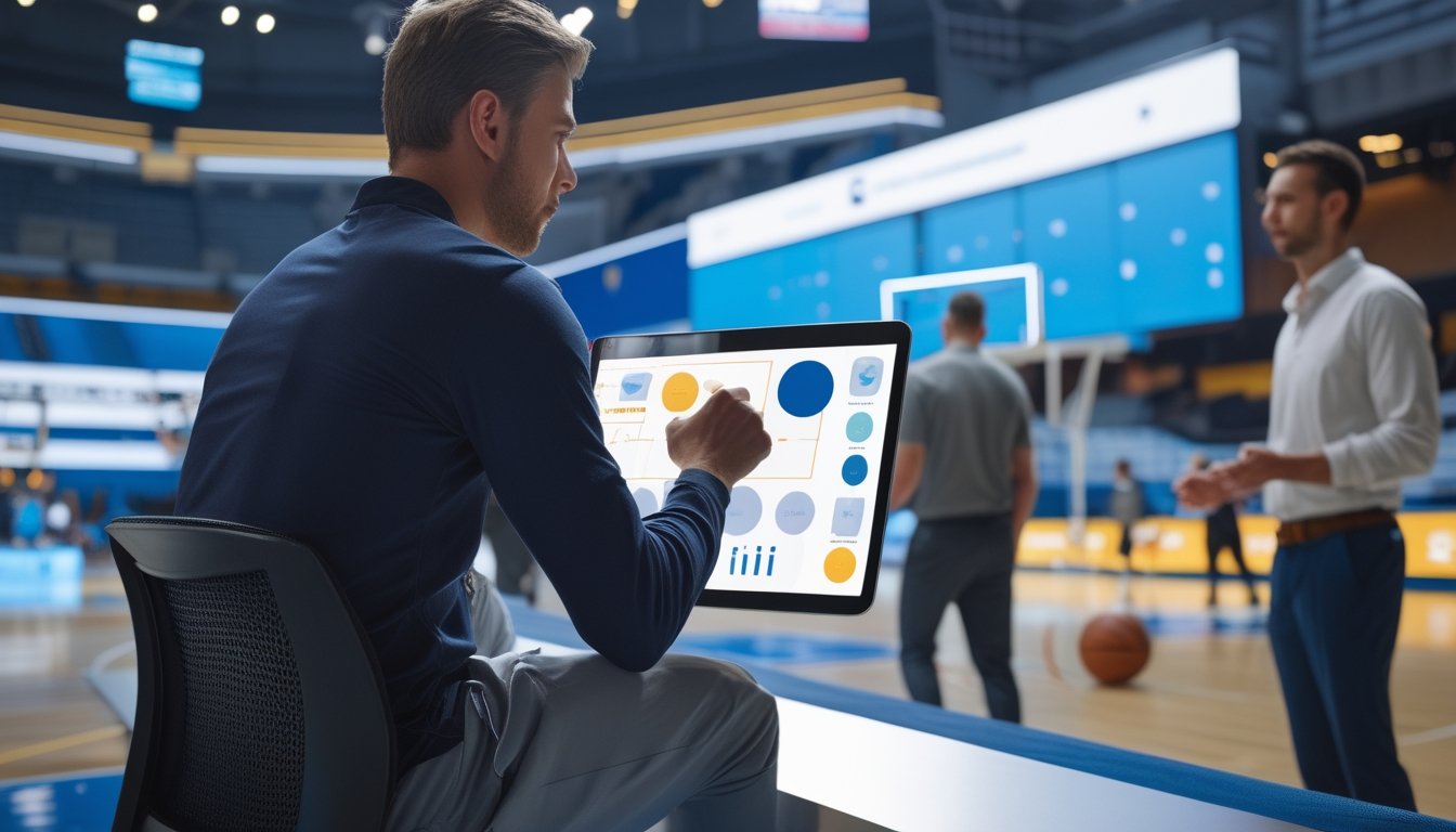 Seorang analis olahraga melihat tablet di tepi lapangan saat para pemain basket berlatih.