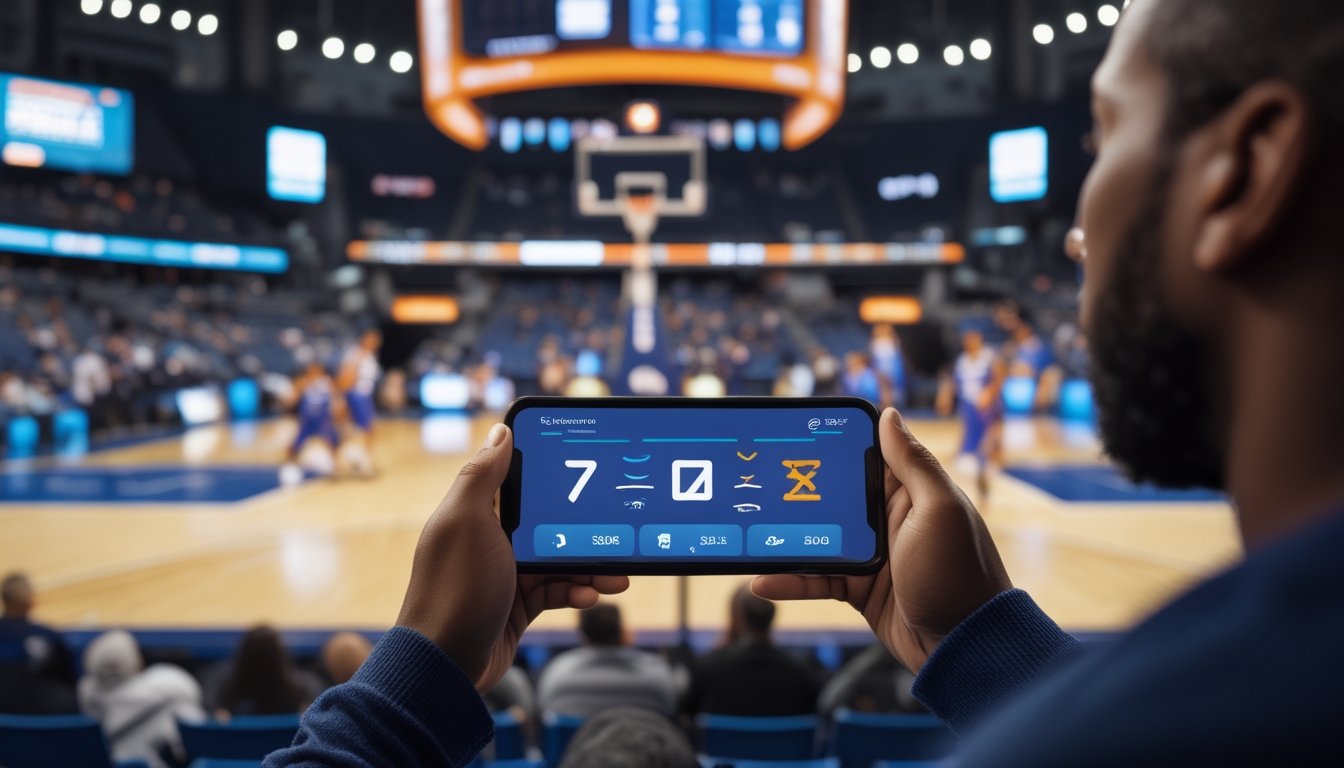 Penonton memegang ponsel saat pertandingan basket berlangsung di arena.