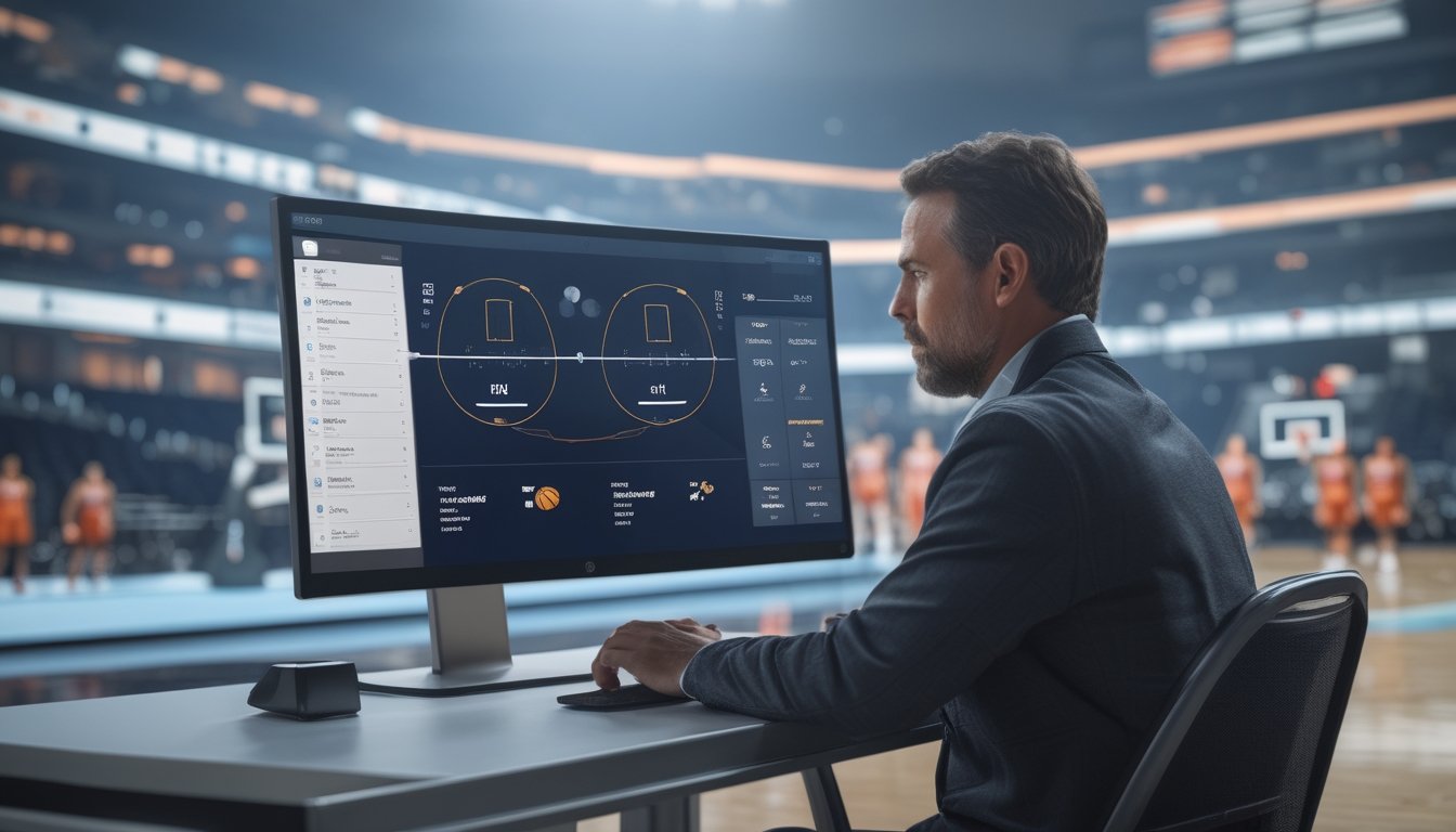 Seorang penggemar basket mengamati grafik pertandingan di depan layar, dengan arena basket di latar belakang.